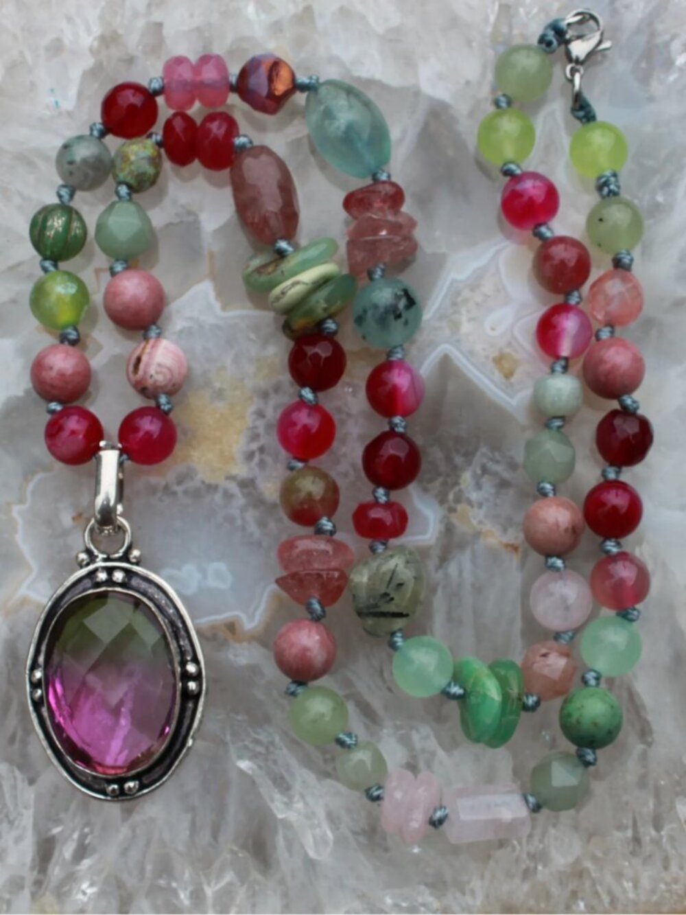 Beaded Gemstone Necklace in Pink and Green with Tourmaline Pendant - Picture 6 of 7